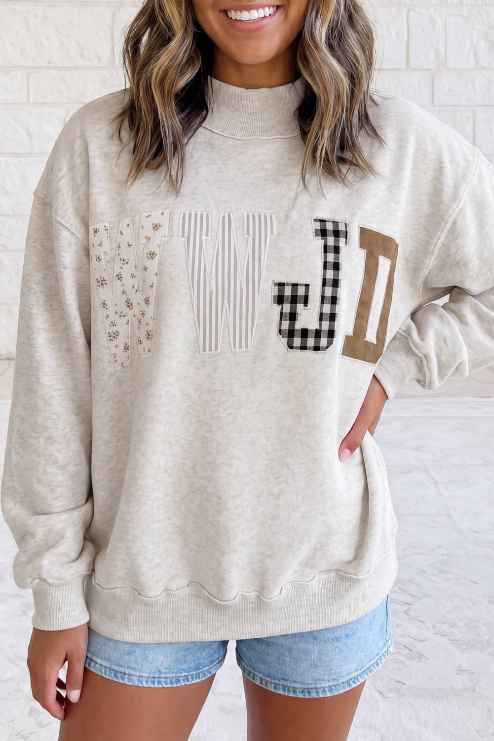 WWJD Mixed Embroidered Patch Mock Neck Sweatshirt S-4X