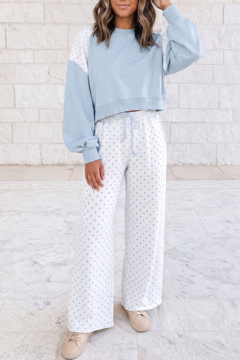 Polka Dot Patchwork Long Sleeve Casual Two Piece Set S-4X
